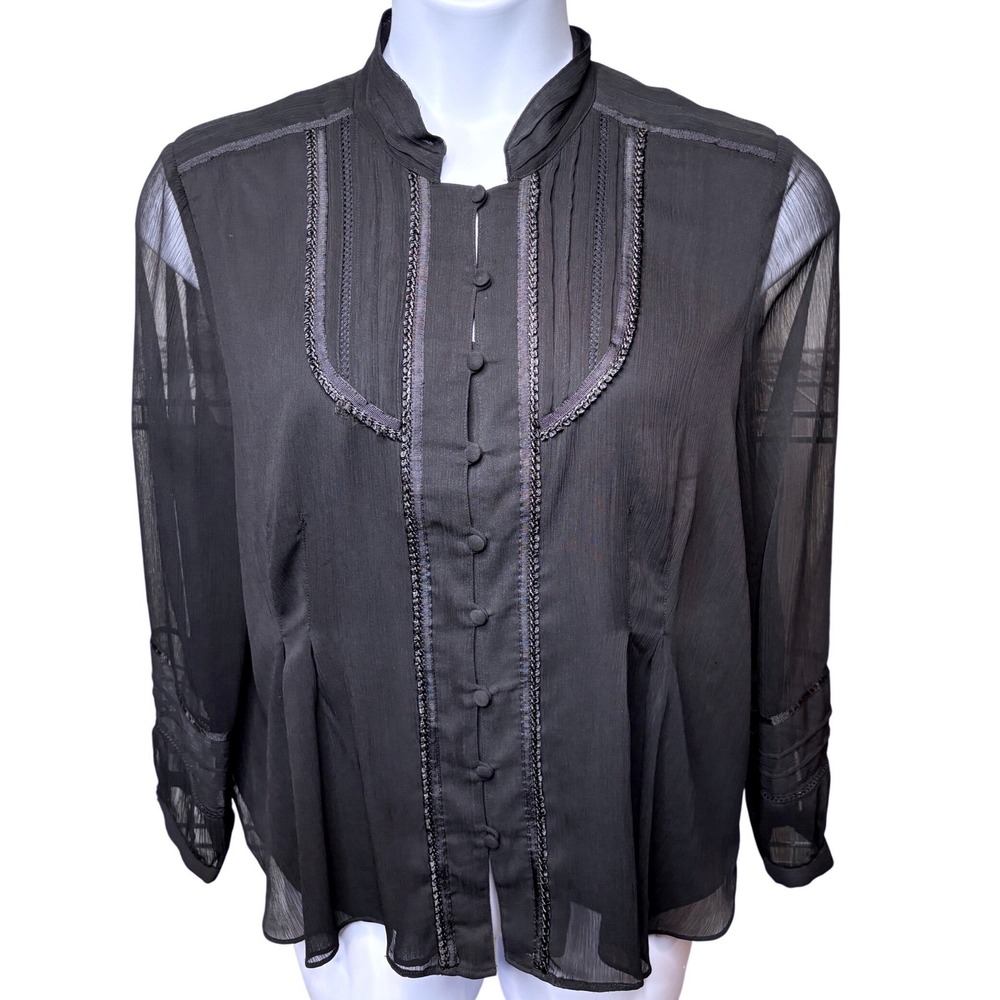 COLDWATER CREEK Womens Black Sheer Blouse PXL Pintuck Lace Trim Romantic Office